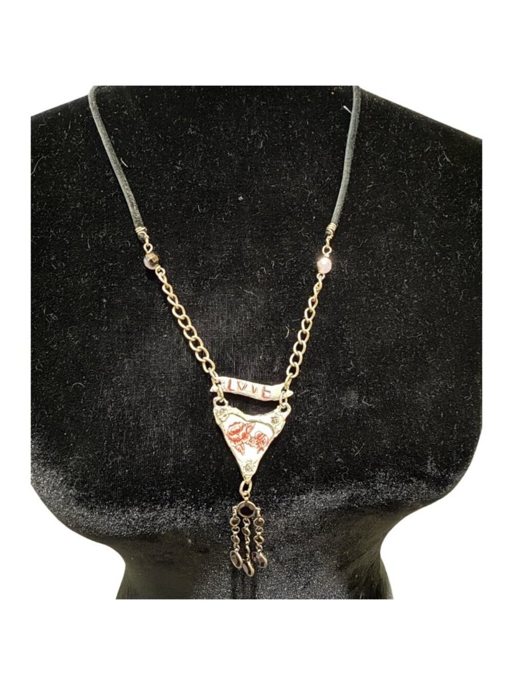 Repurposed Porcelain Love Banner Necklace - Vintage Garnet Tassel - Silver Chain - Picture 9 of 15
